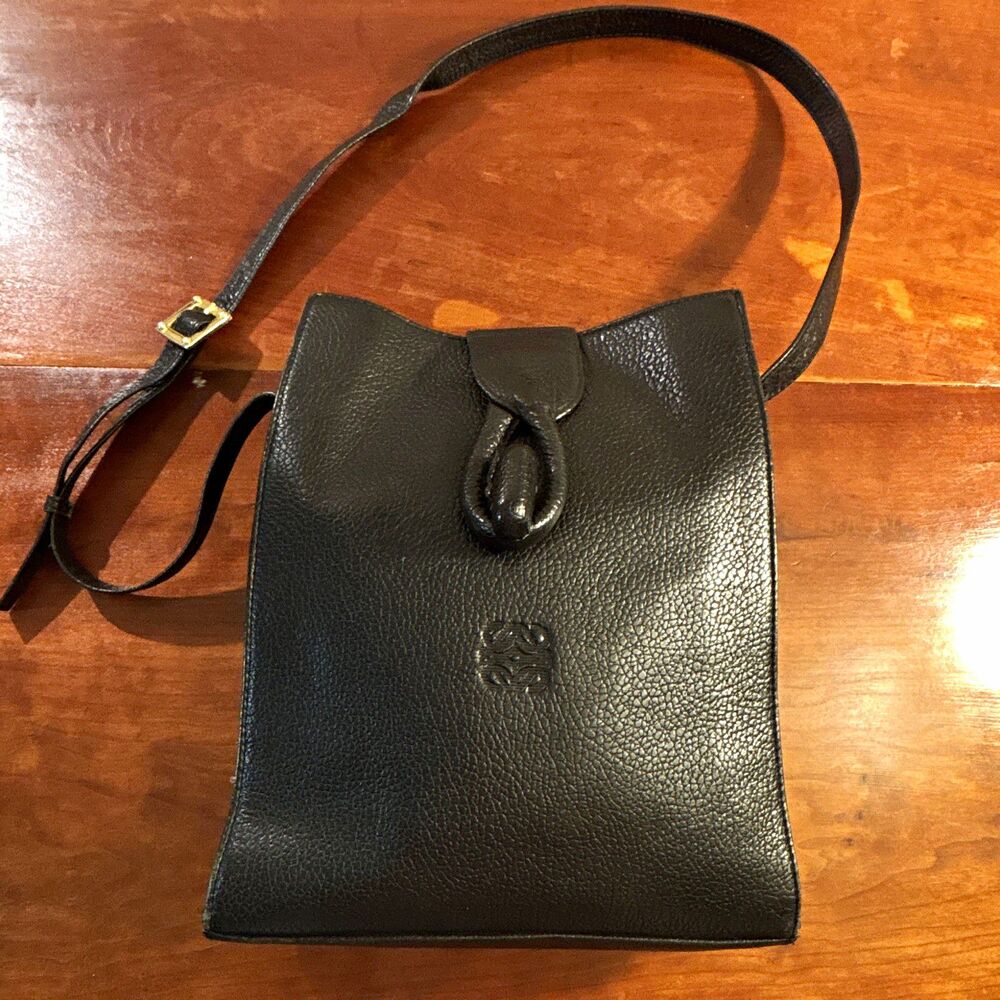 Vintage Loewe Women’s Black Pebbled Shoulder Bag with Adjustable Strap